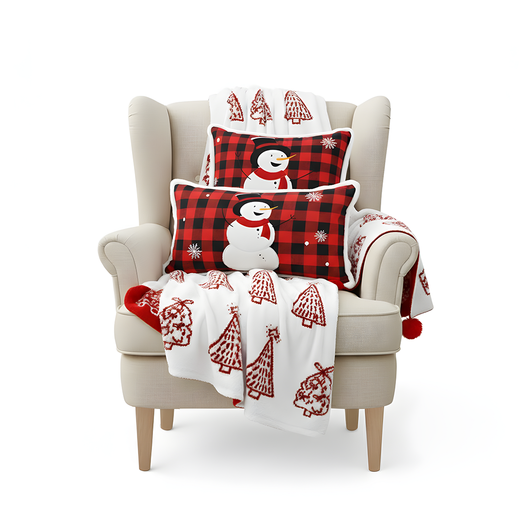SOGA Christmas Bundle – Red Christmas Tree Fleece Throw & Red Snowman Holiday Pillows