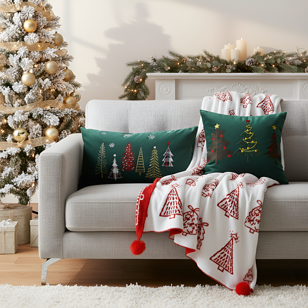 SOGA Christmas Bundle – Red Christmas Tree Fleece Throw & Green Embroidered Holiday Pillows