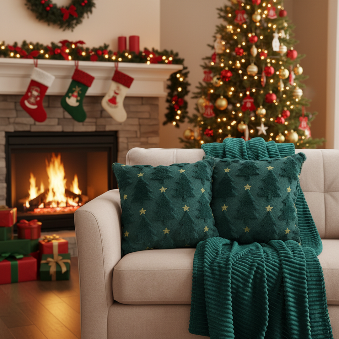 SOGA Christmas Bundle – 2 Teal Christmas Tree Pillow & Dark Green Cozy Striped Throw Blanket
