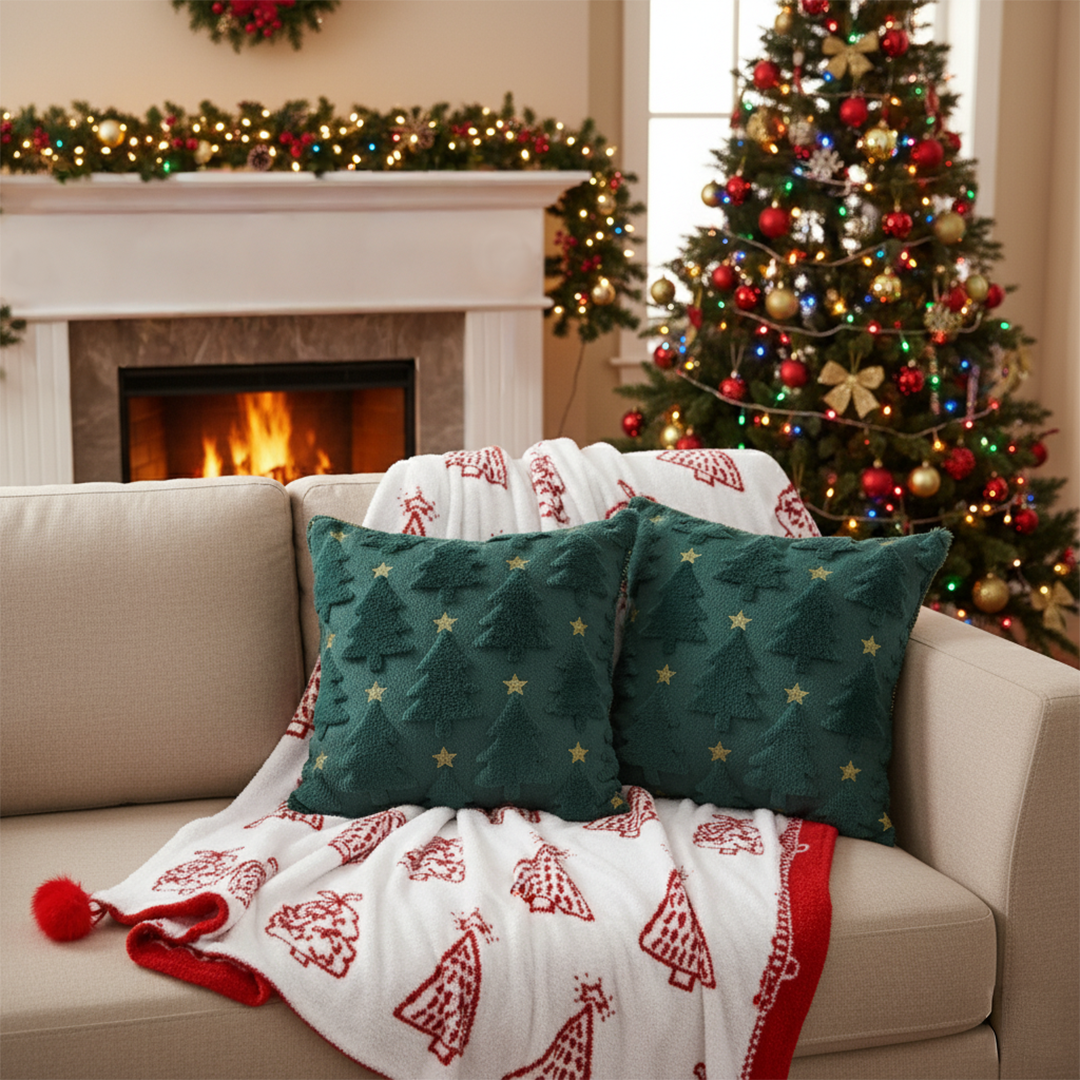 SOGA Christmas Bundle – 2 Festive Teal Christmas Tree Pillow & Red Holiday Throw Blanket