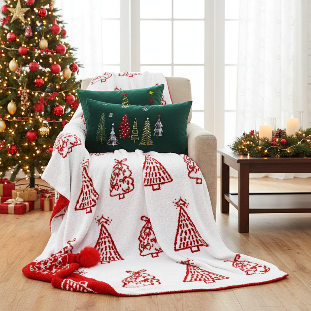 SOGA Christmas Bundle – Red Christmas Tree Fleece Throw & Green Embroidered Holiday Pillows