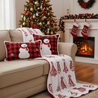 SOGA Christmas Bundle – Red Christmas Tree Fleece Throw & Red Snowman Holiday Pillows