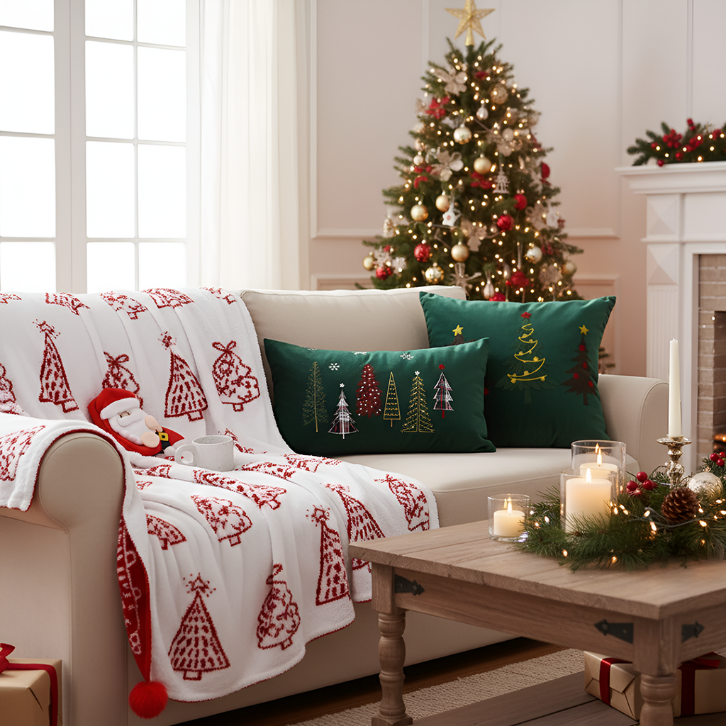 SOGA Christmas Bundle – Red Christmas Tree Fleece Throw & Green Embroidered Holiday Pillows