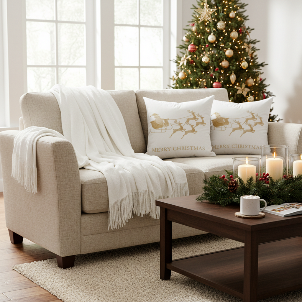 SOGA Christmas Bundle – 2 White & Gold Christmas Sleigh Pillow & White Knitted Throw Blanket