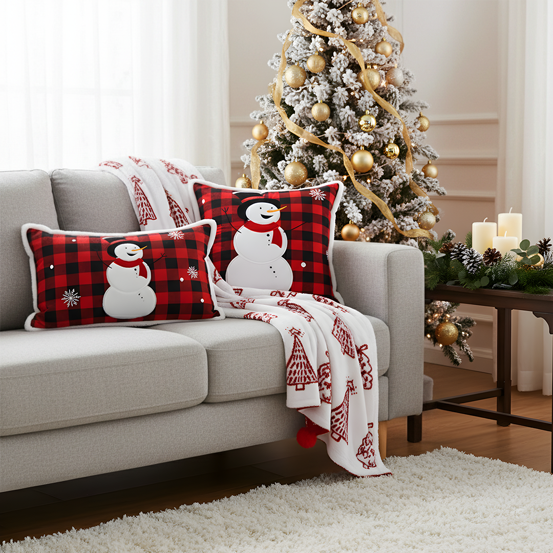 SOGA Christmas Bundle – Red Christmas Tree Fleece Throw & Red Snowman Holiday Pillows