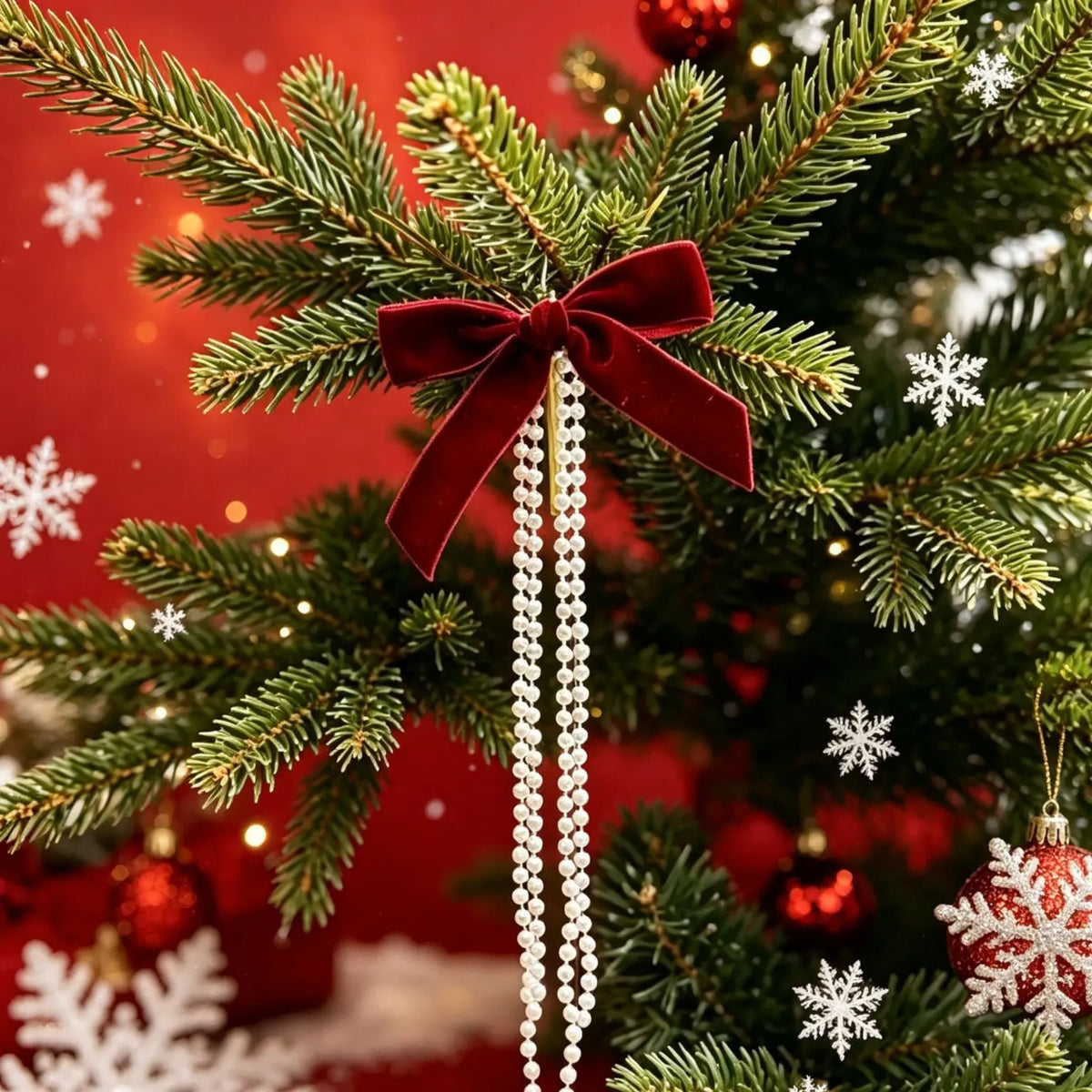 6PCS Pearl Flocking Christmas Bow Ornaments