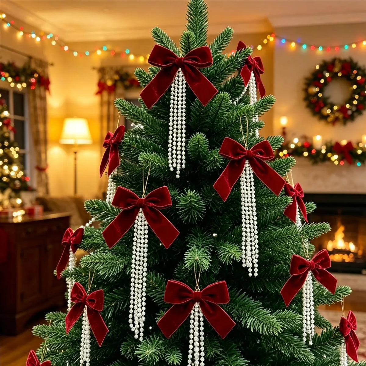 6PCS Pearl Flocking Christmas Bow Ornaments