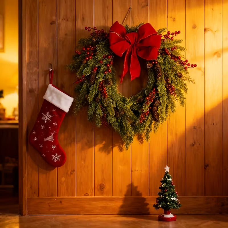 Pine Needle Red Berry Wreath with Heart Bow