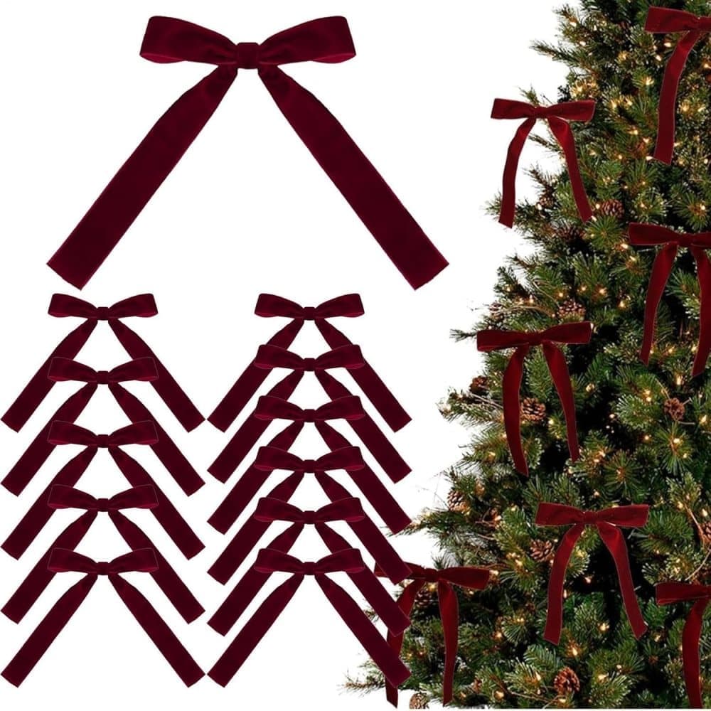 Velvet Christmas Tree Bows – Burgundy | Set of 12