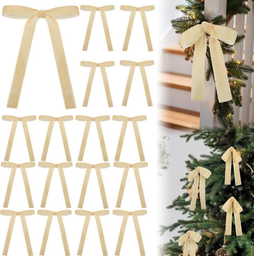 Velvet Christmas Tree Bows – Beige | Set of 12