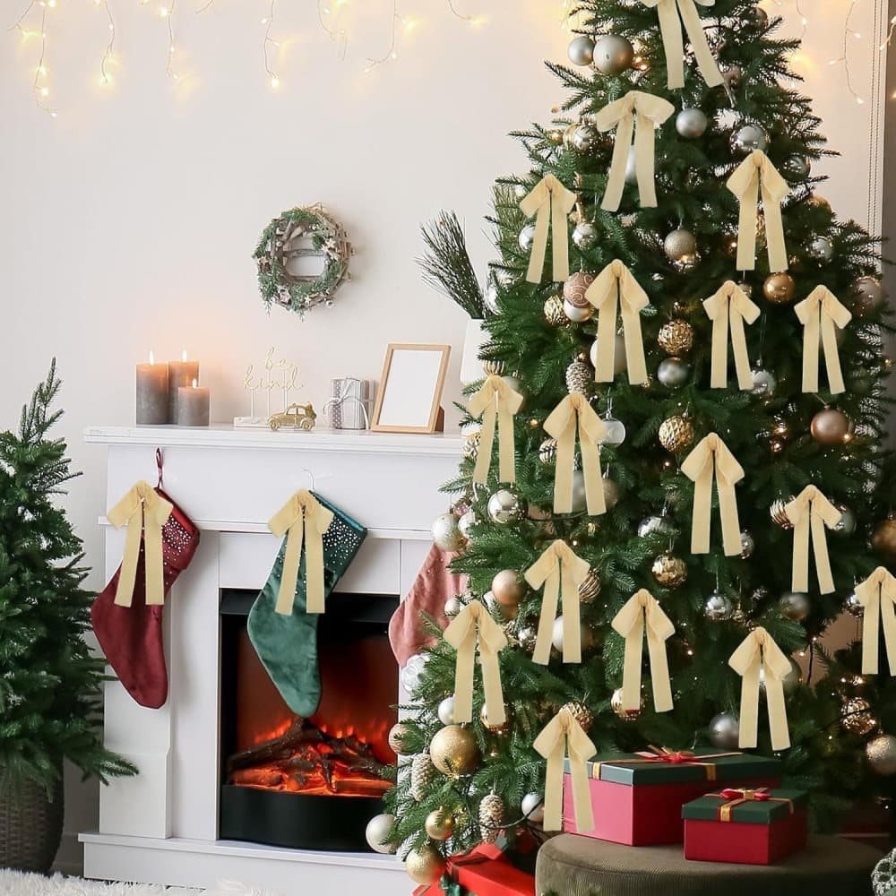 Velvet Christmas Tree Bows – Beige | Set of 12