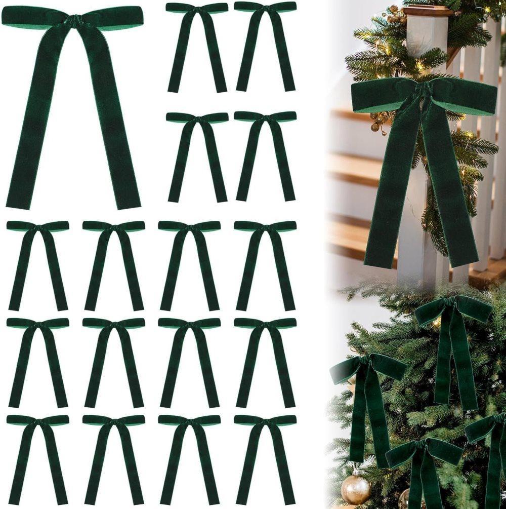 Velvet Christmas Tree Bows – Deep Green | Set of 12