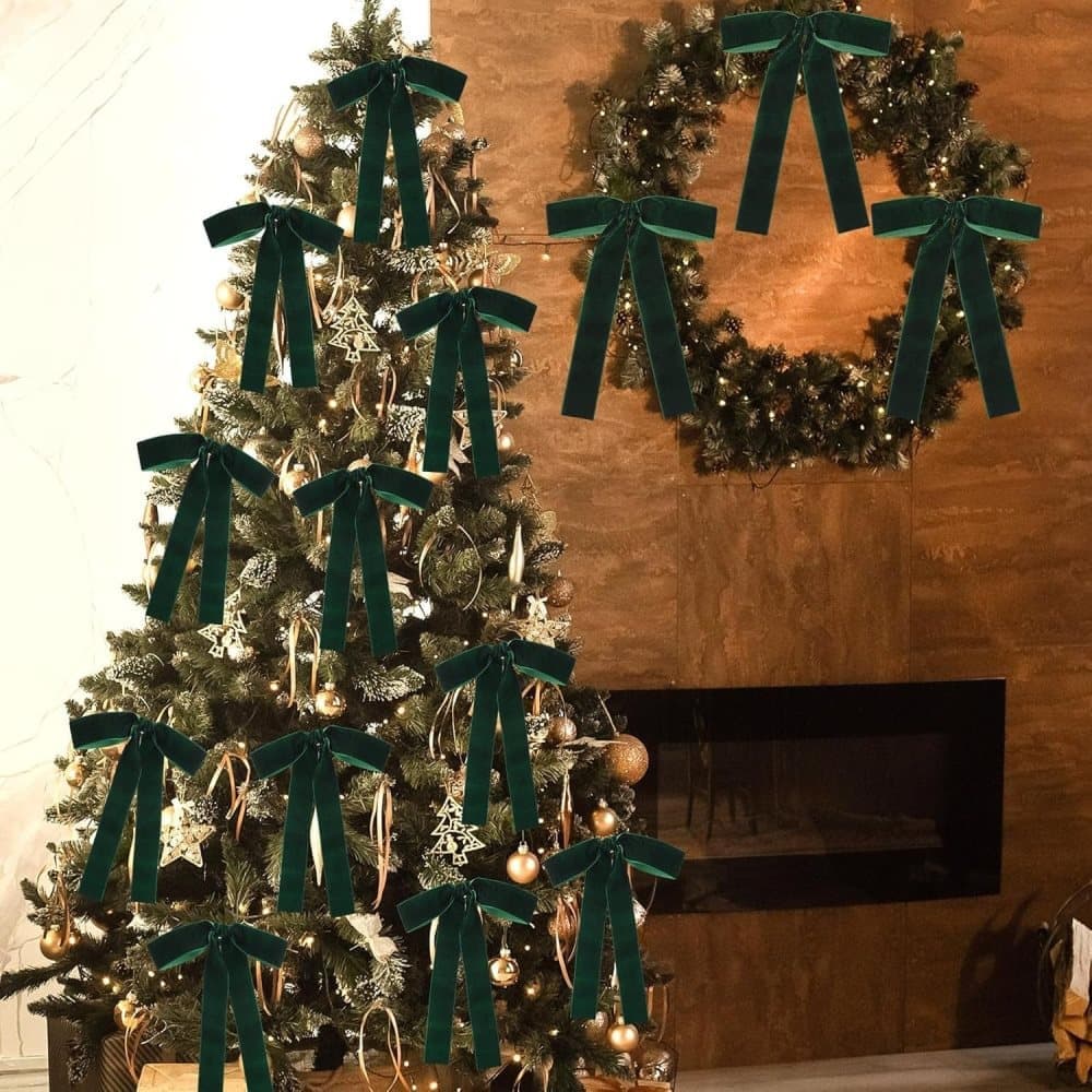 Velvet Christmas Tree Bows – Deep Green | Set of 12