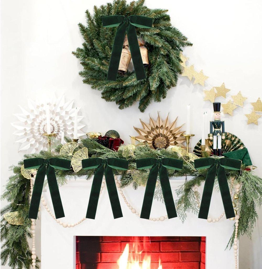 Velvet Christmas Tree Bows – Deep Green | Set of 12