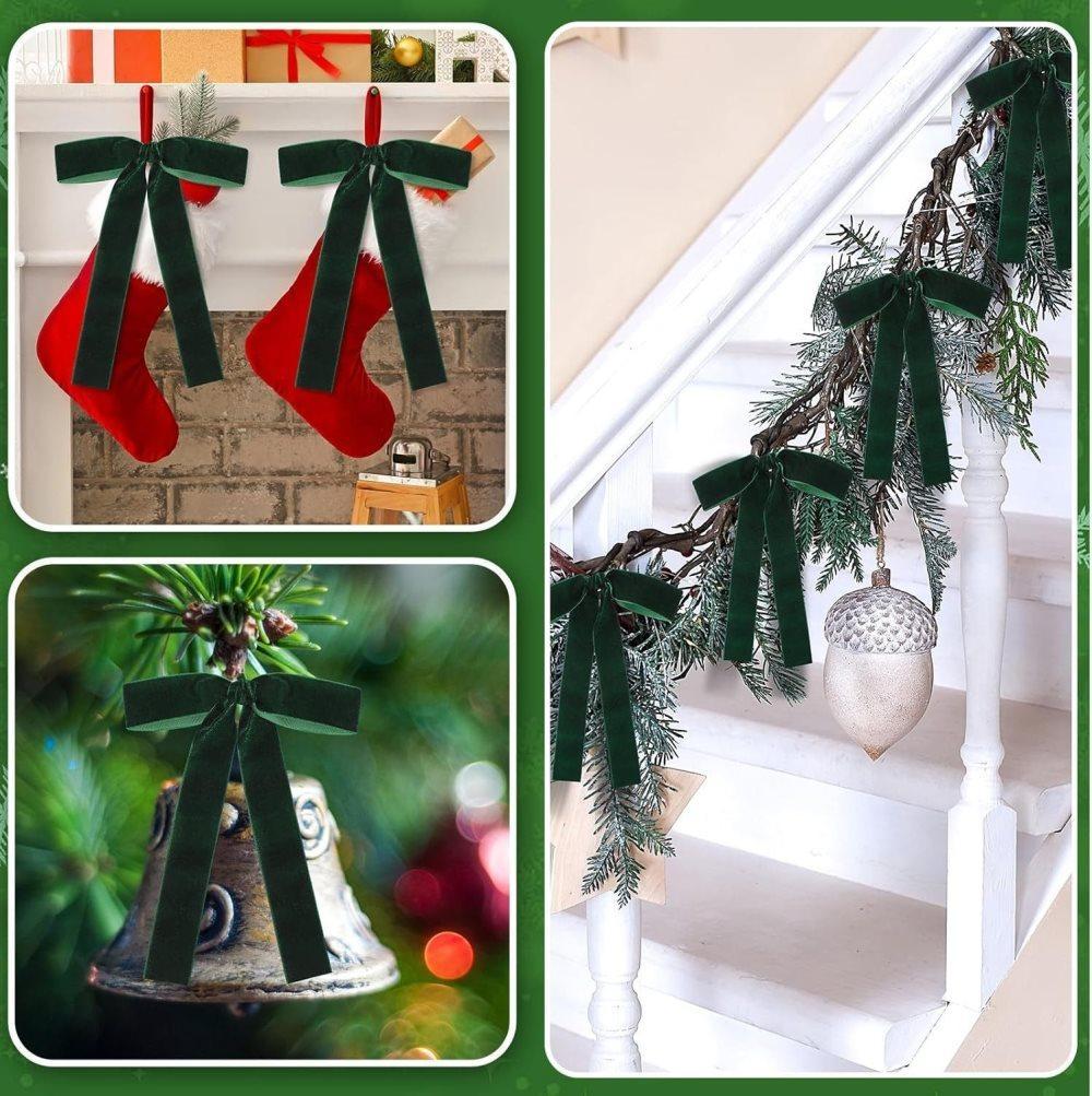 Velvet Christmas Tree Bows – Deep Green | Set of 12