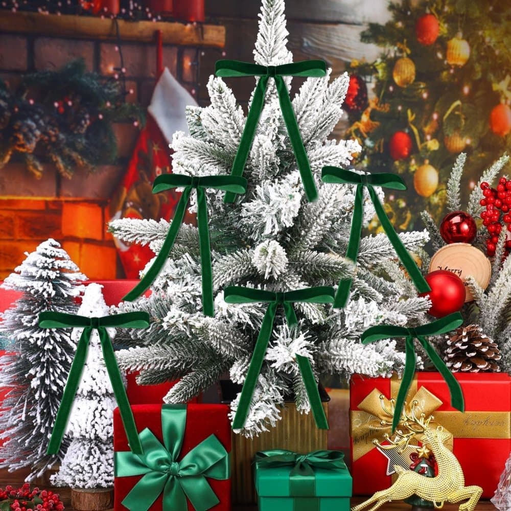 Velvet Christmas Tree Bows – Deep Green | Set of 12