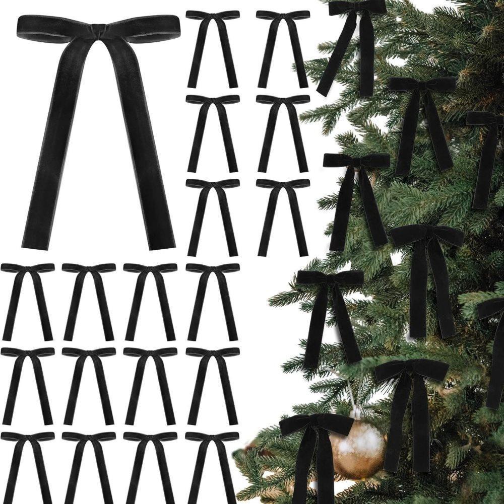 Velvet Christmas Tree Bows – Black | Set of 12