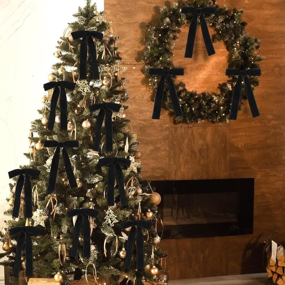 Velvet Christmas Tree Bows – Black | Set of 12