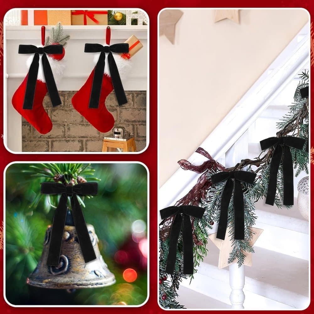 Velvet Christmas Tree Bows – Black | Set of 12