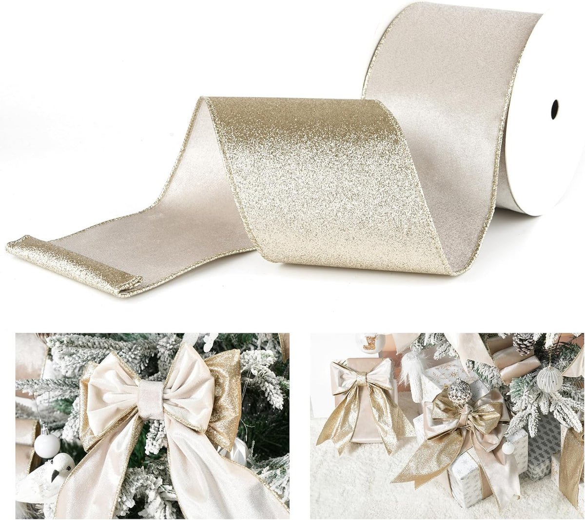Champagne Velvet Wired Christmas Ribbon – Ivory & Gold | 10 Yards