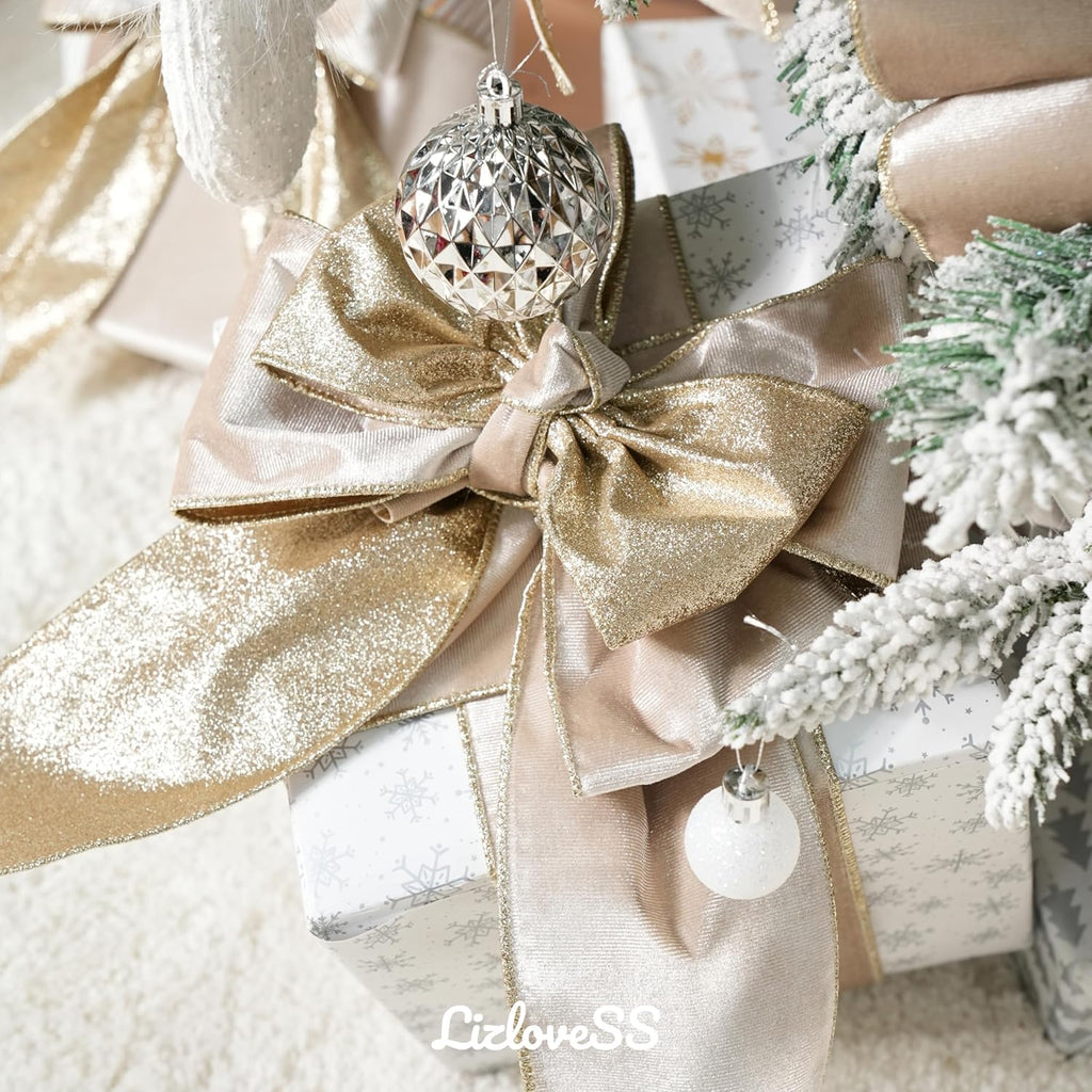 Champagne Velvet Wired Christmas Ribbon – Ivory & Gold | 10 Yards