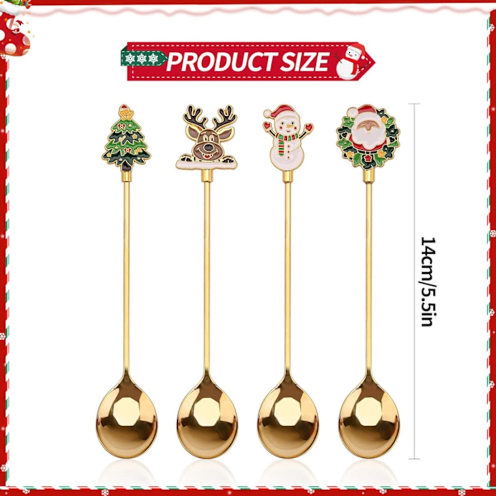 Teaspoons - 4 spoons - Christmas tableware - Silver dessert spoons - Decorated with Christmas trees, reindeer, snowmen and Santa Claus - Suitable for desserts, tea and soup