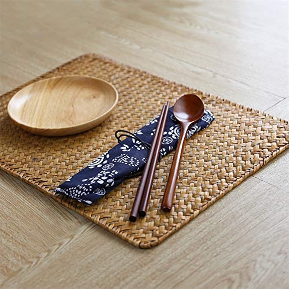 Farmhouse Wicker Placemats,Woven Rattan Place Mat,Rectangular Table Pat,Hand Bamboo Tea Cup Mat,Natural Straw Placemat,Hand-woven Place Mats for Dining Table Home Kitchen Picnic 2Pcs