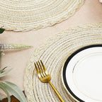 38cm Round Braided Placemats Set of 4, Washable Heat Resistant Circle Boho Place Mats for Kitchen Dining Table -（beige）