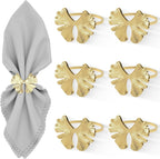 Fall Napkin Rings Set of 6, Ginkgo Leaf Bow Napkins Holders Rings for Holiday Party Dinner Wedding Banquet Dinning Table Settings - Gold