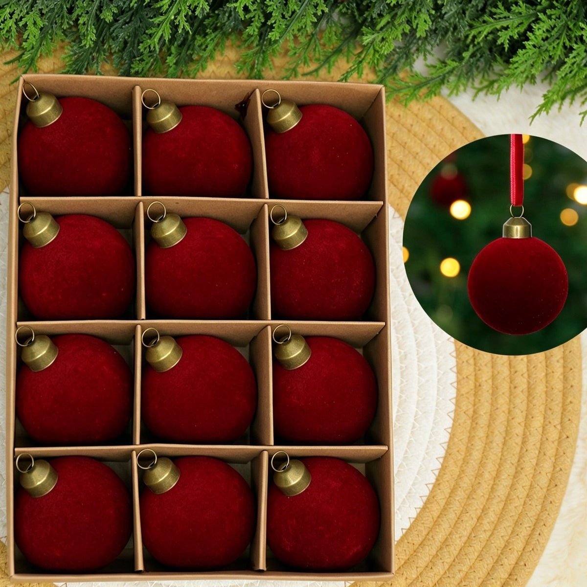 Velvet Flocked Christmas Baubles – Burgundy | Set of 24