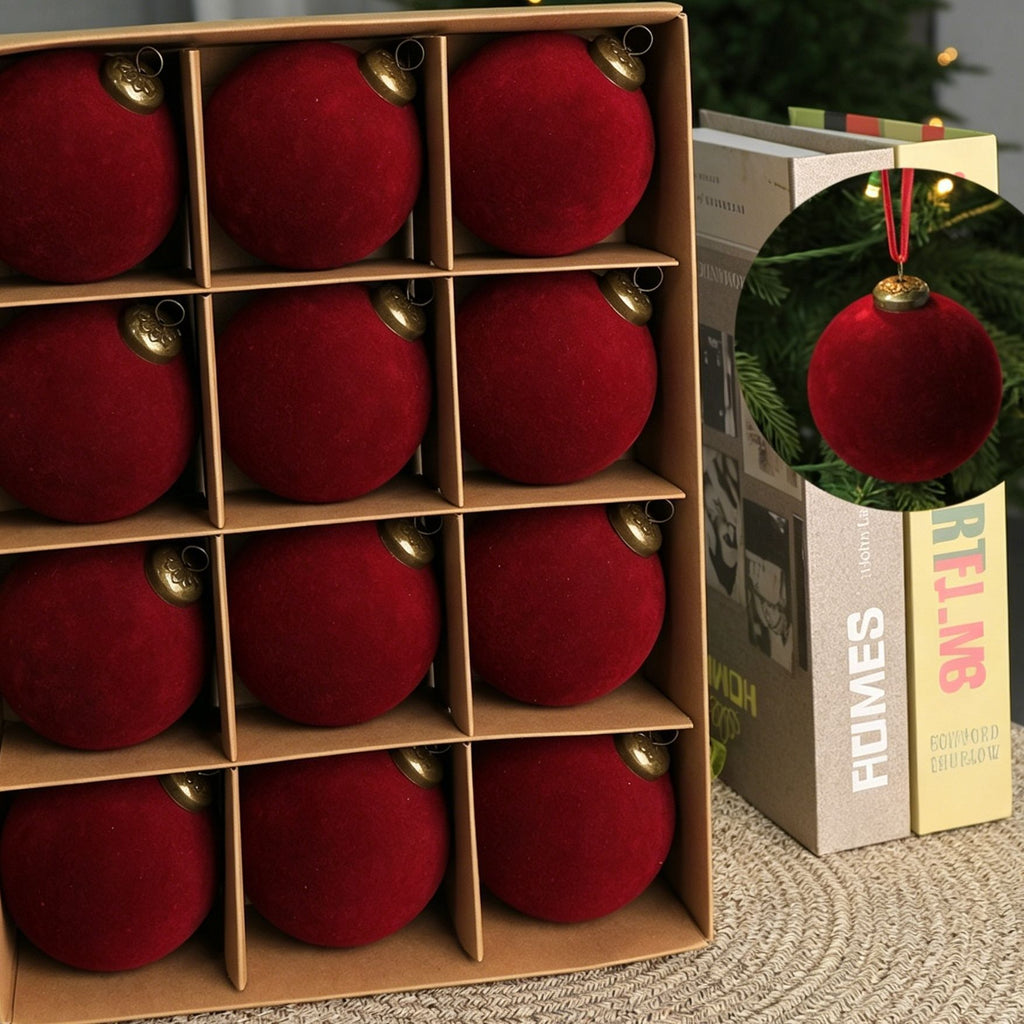 Velvet Flocked Christmas Baubles – Burgundy | Set of 24