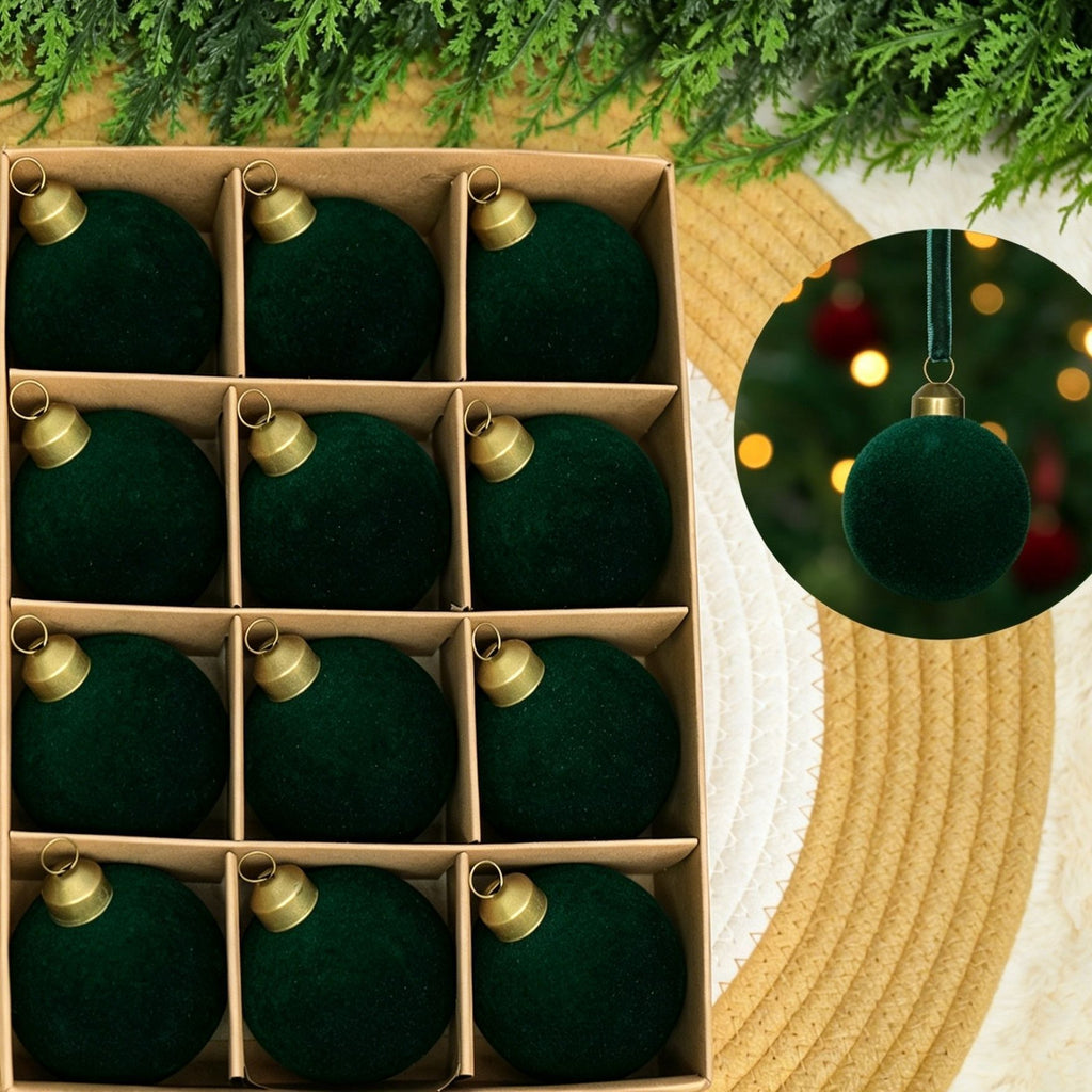 Velvet Flocked Christmas Baubles – Dark Green | Set of 24