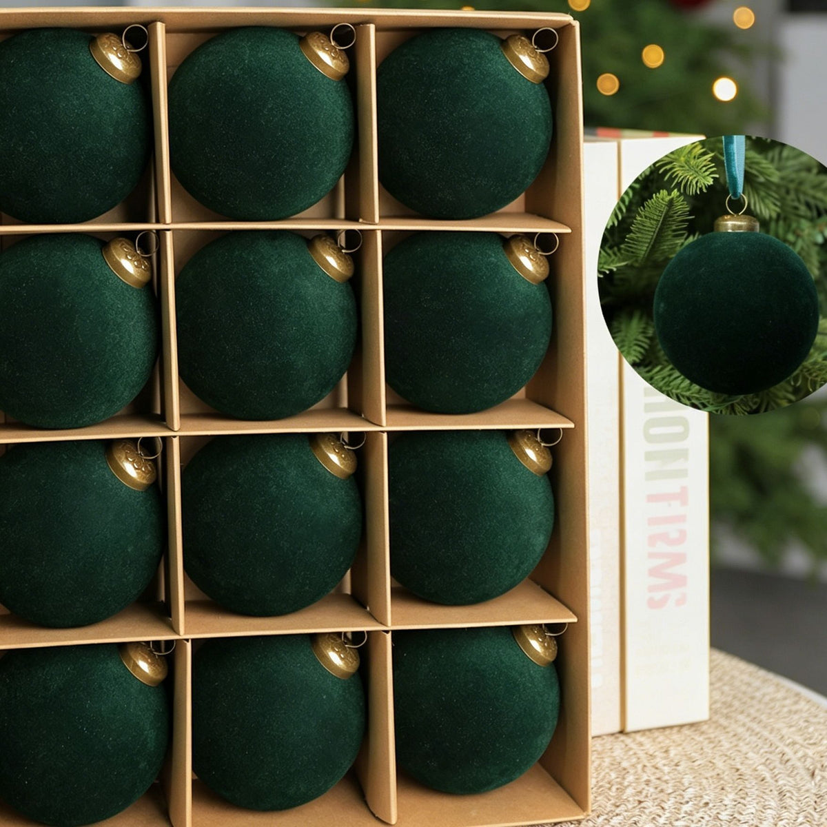 Velvet Flocked Christmas Baubles – Dark Green | Set of 24