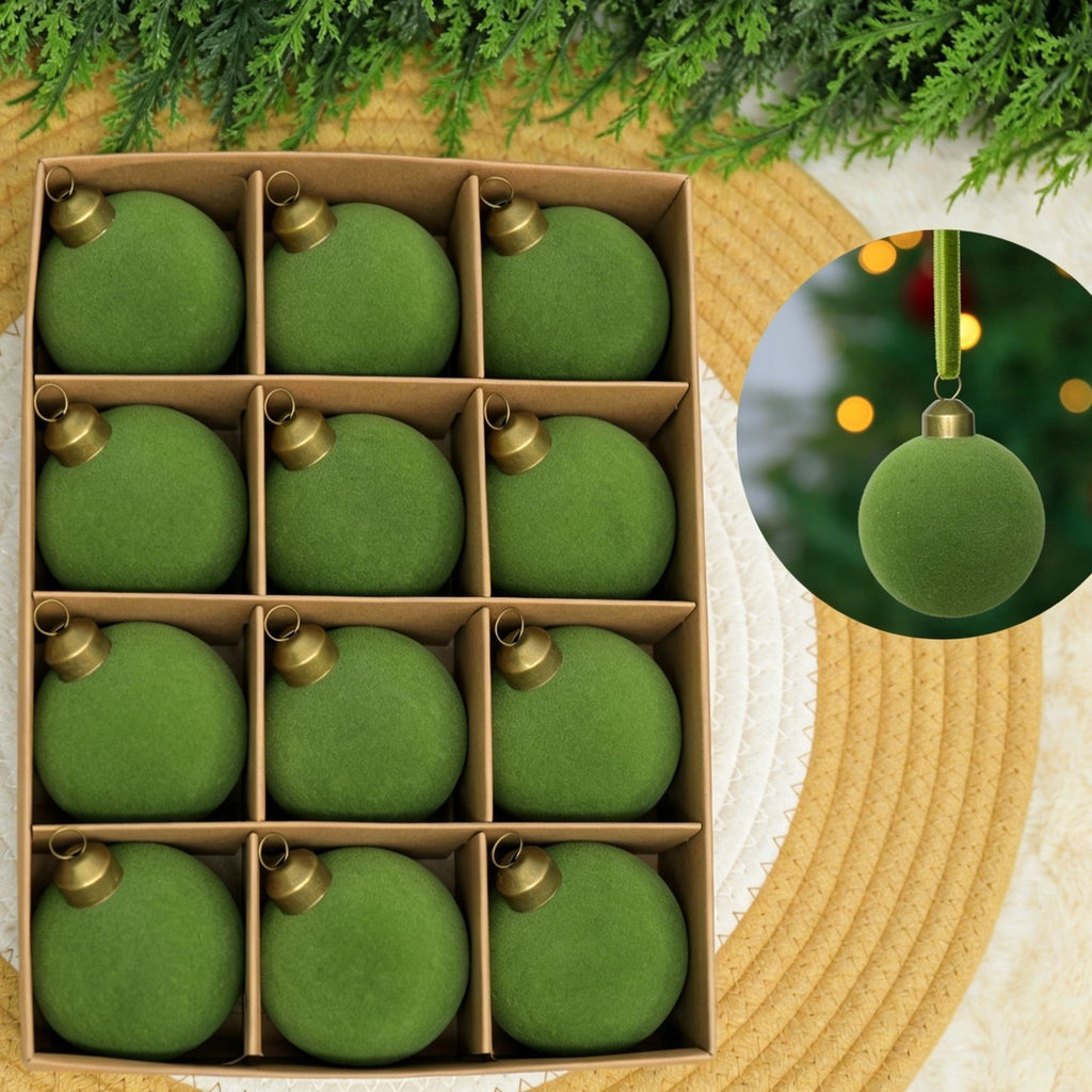 Velvet Flocked Christmas Baubles – Avocado | Set of 24