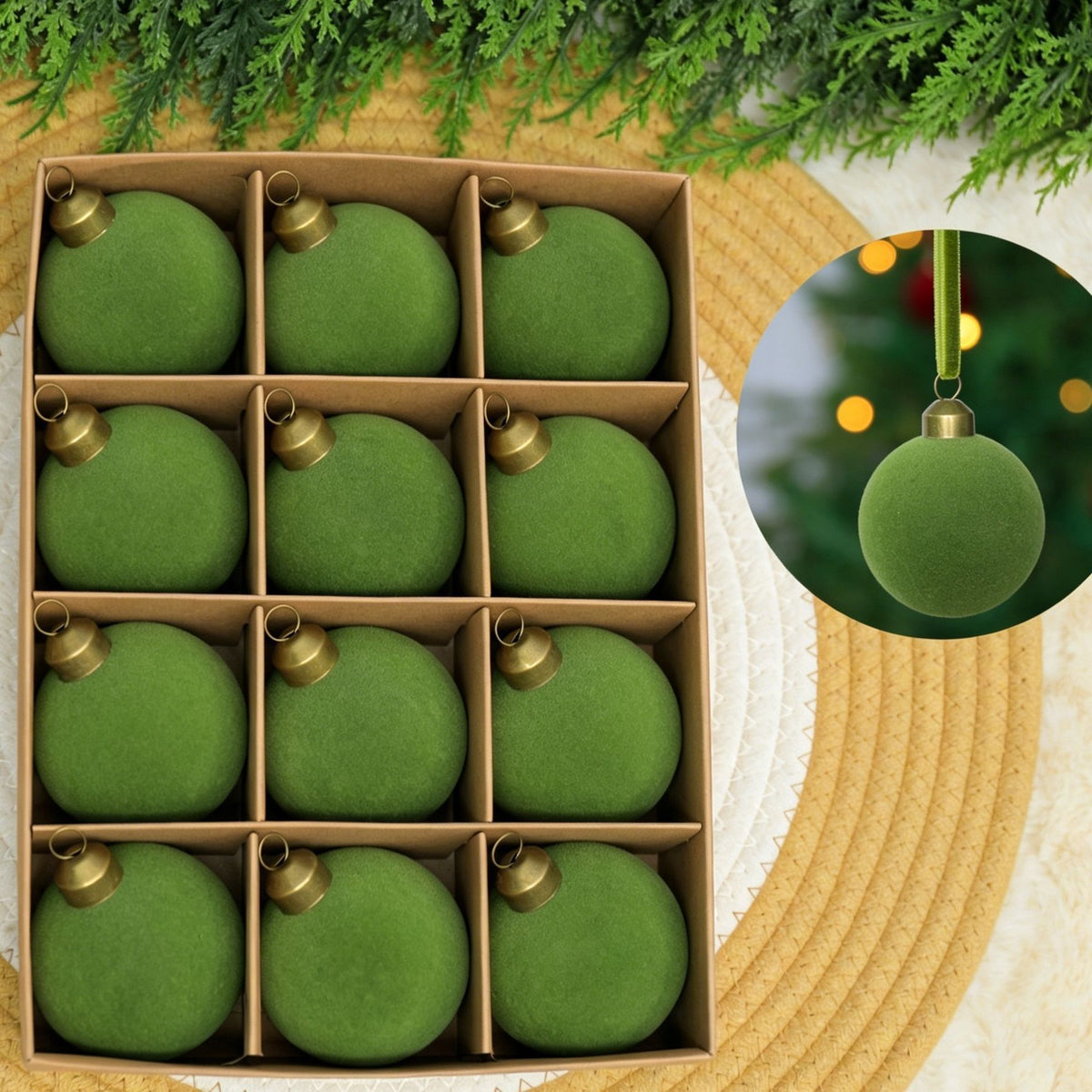 Velvet Flocked Christmas Baubles – Avocado | Set of 24