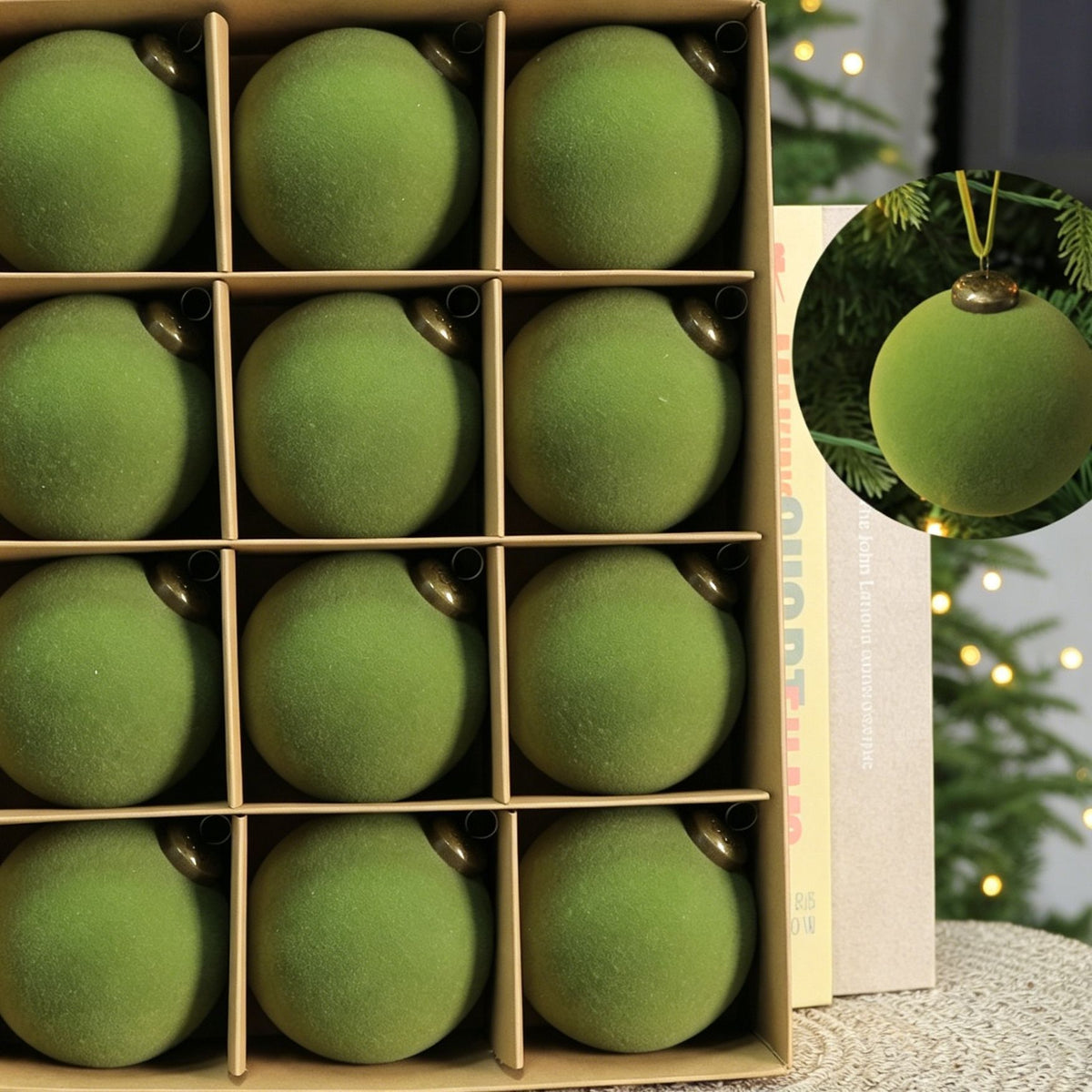 Velvet Flocked Christmas Baubles – Avocado | Set of 24