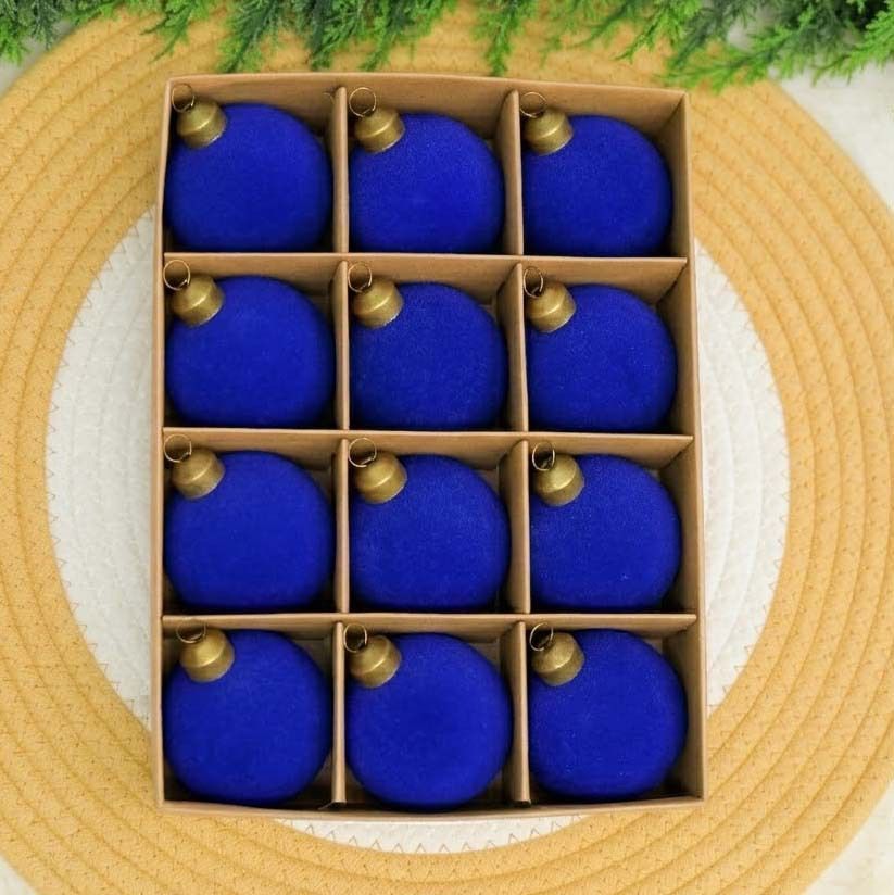 Flocked Christmas Baubles – Royal Blue | 24pc