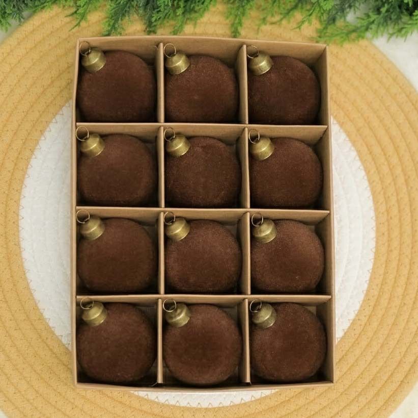 Flocked Christmas Baubles – Dark Brown | 24pc