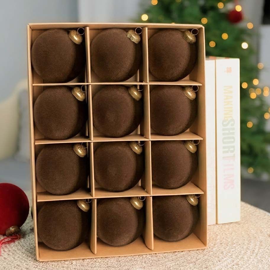 Flocked Christmas Baubles – Dark Brown | 24pc