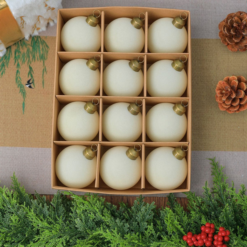 Flocked Christmas Baubles – Off White | 24pc