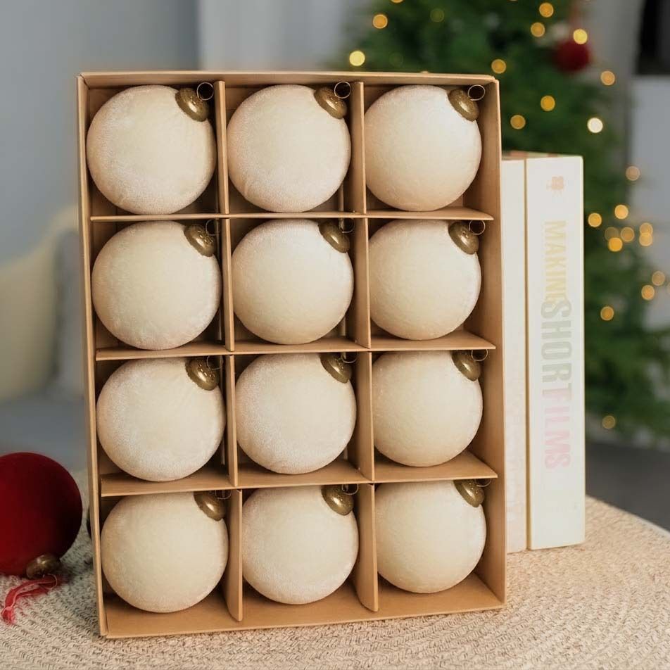 Flocked Christmas Baubles – Off White | 24pc