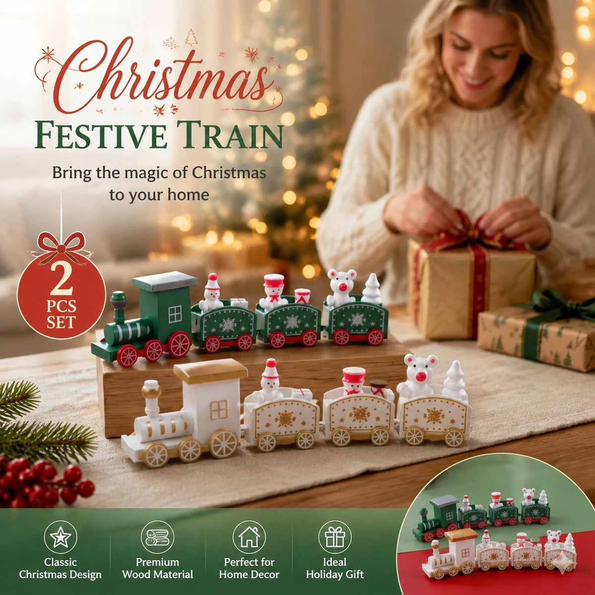 Green & White Christmas Train – 2 Pack