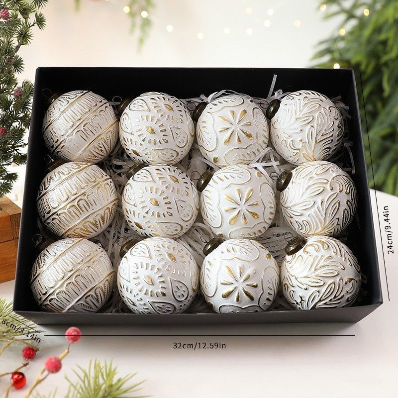 Vintage Embossed Christmas Baubles – White & Gold | Set of 12