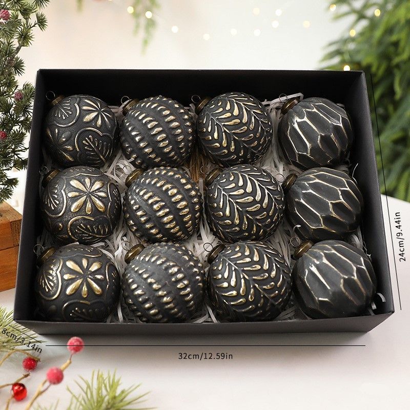 Vintage Embossed Christmas Baubles – Black | Set of 12