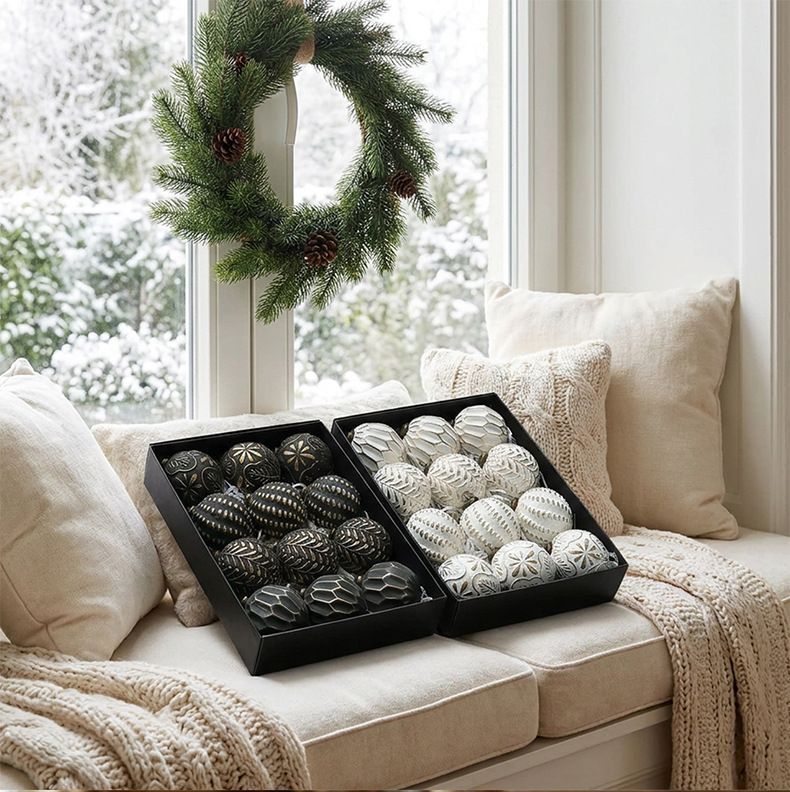 Vintage Embossed Christmas Baubles – Black | Set of 12