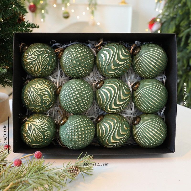 Vintage Embossed Christmas Baubles – Green | Set of 12