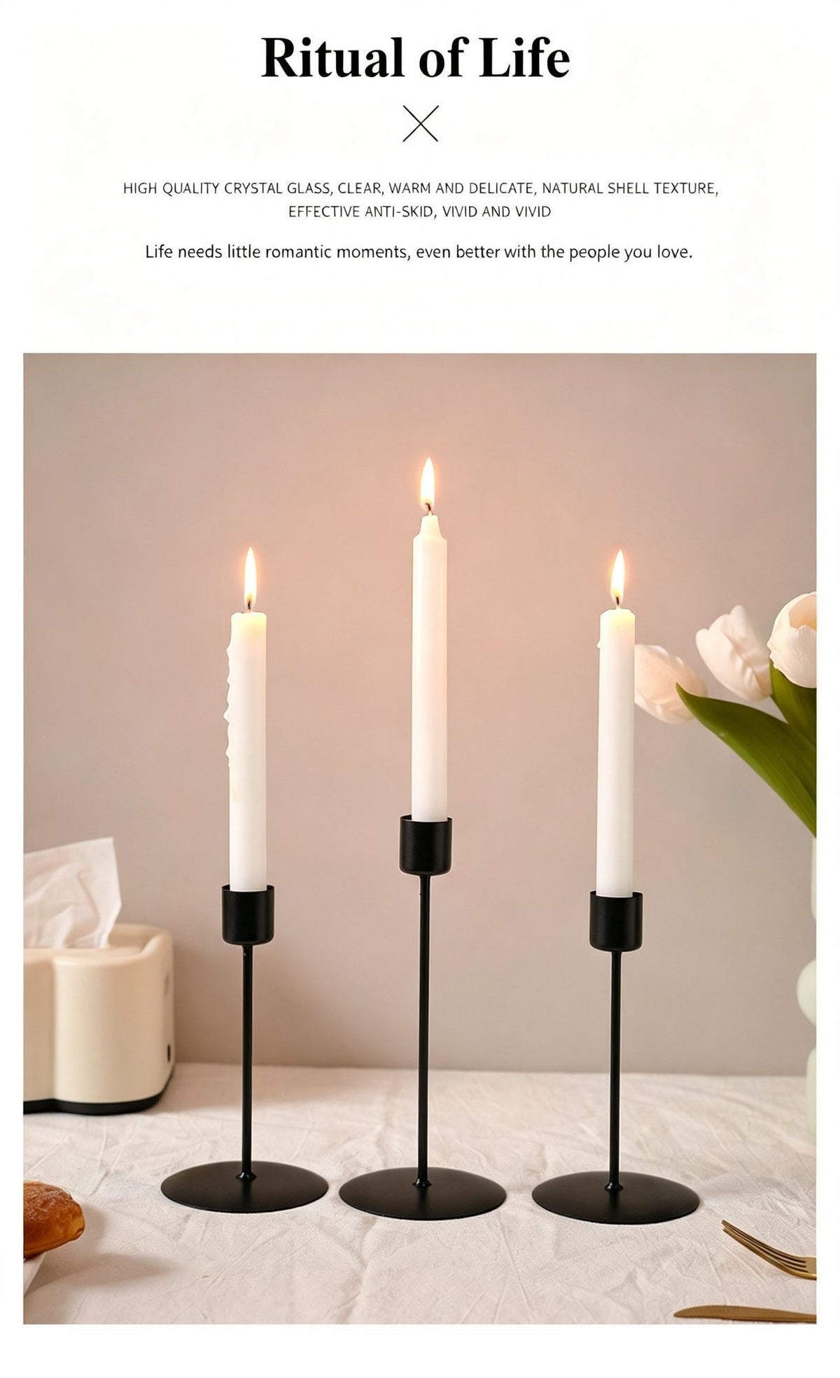7.8cm Disc Base Metal Candlestick, Black Candle Holder 2 Pack, Artistic Table Accessory, Christmas Halloween Home Scene Prop