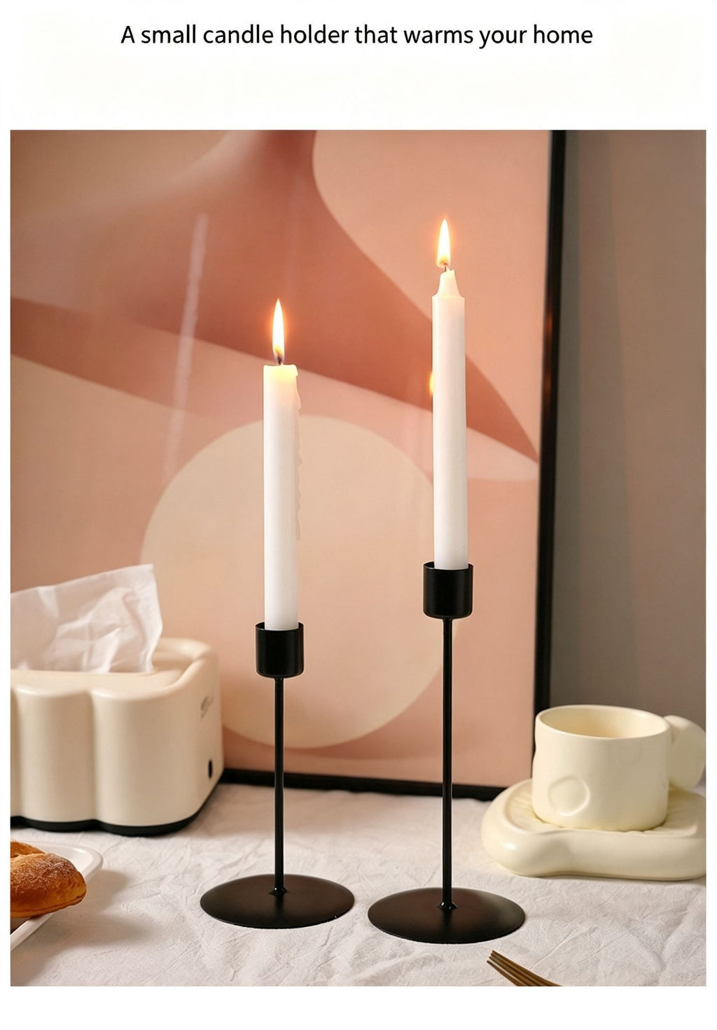 7.8cm Disc Base Metal Candlestick, Black Candle Holder 2 Pack, Artistic Table Accessory, Christmas Halloween Home Scene Prop