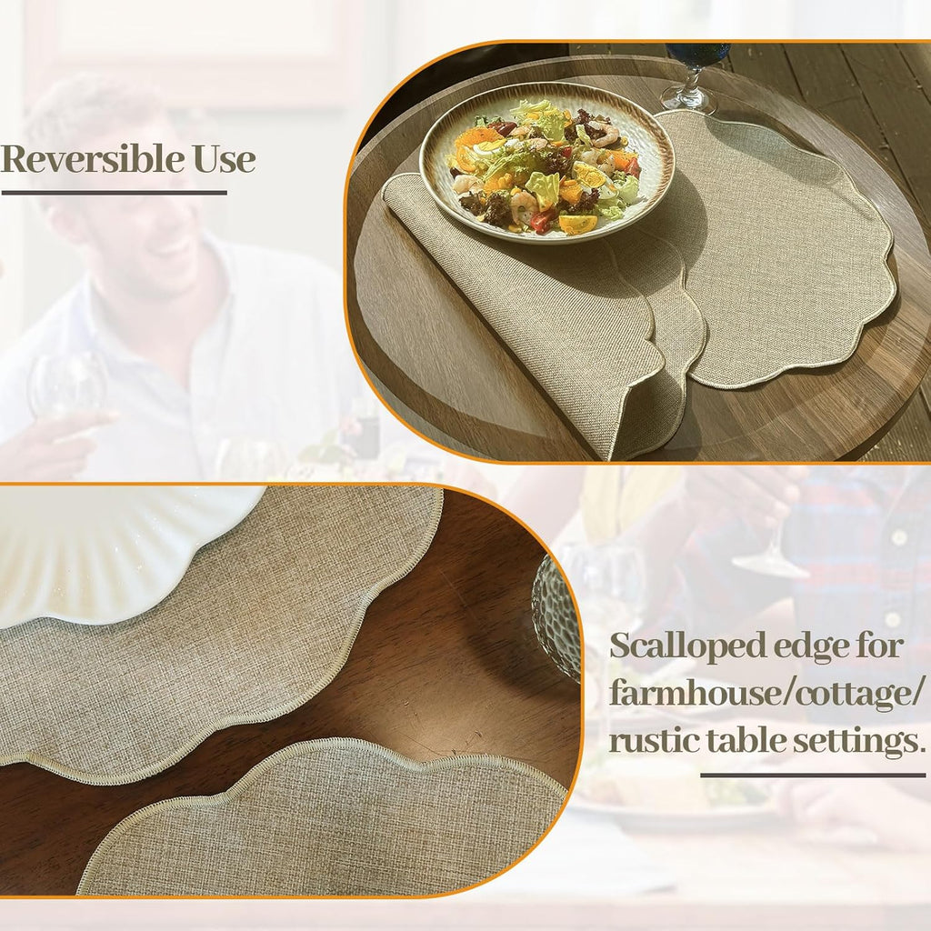 Round Faux Linen Placemats Set of 6 Heat Resistant Non-Slip Stain Proof Table Mats for Kitchen Dining Elegant Decor Place Mats (Linen Beige,6)