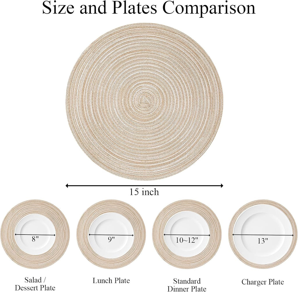 Round Braided Placemats Set of 6 Washable Round Placemats for Kitchen Table 15 inch Round Table Mats (Beige, 6)
